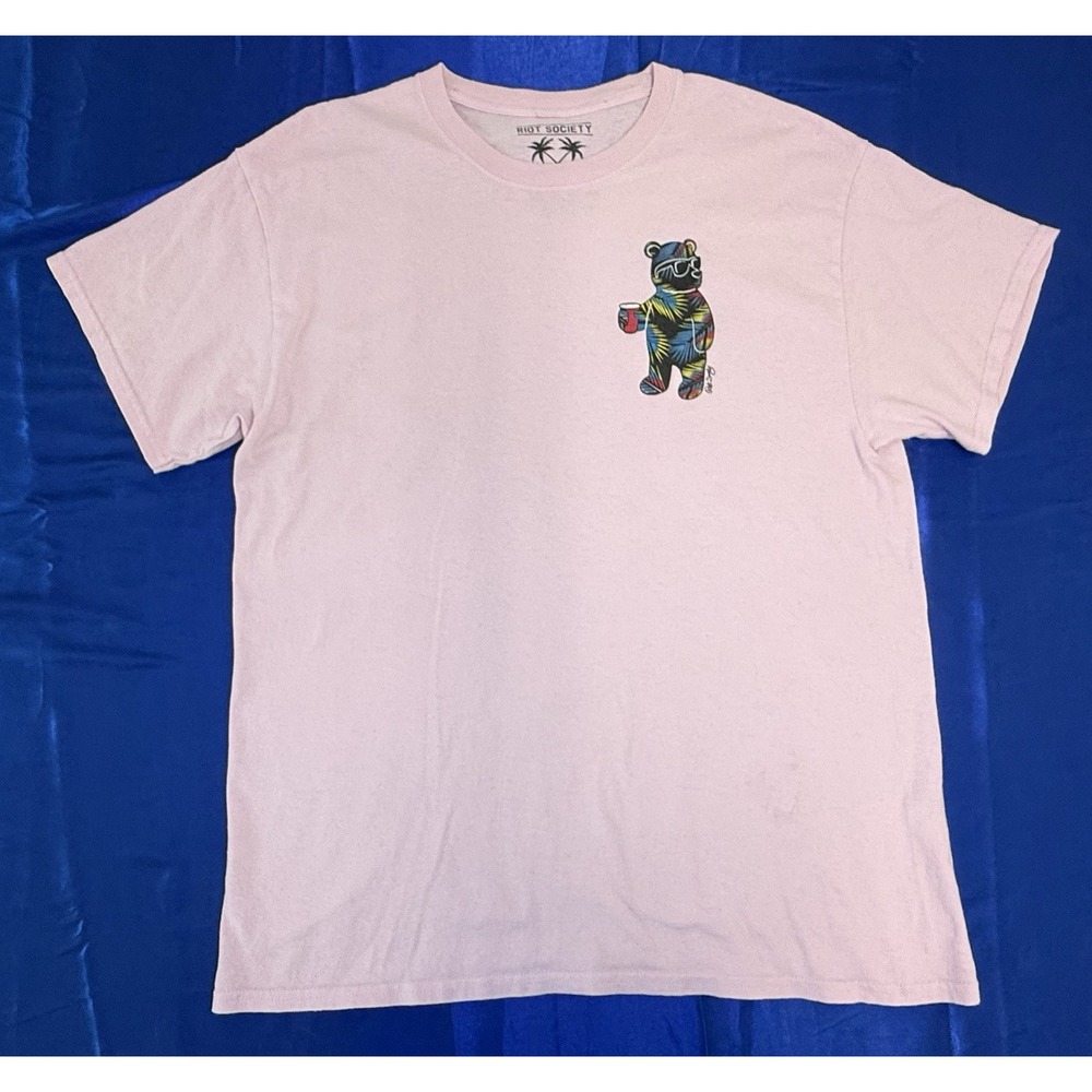 Riot Society T-Shirt Men's Large Pink Tropical Palm Tree Bear Solo Cup